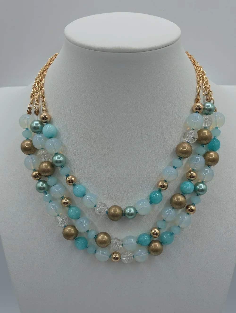 Gold & Aqua Multi-Strand Glass Beaded Necklace - Women Jewelry